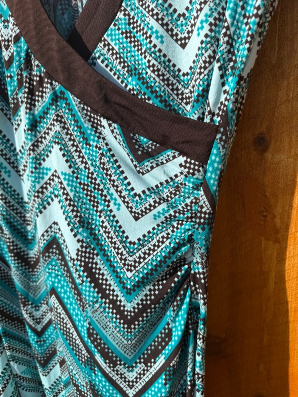La Belle Turquoise Chevron Faux Wrap Asymmetrical Dress with Brown Trim - Large - Picture 9 of 13